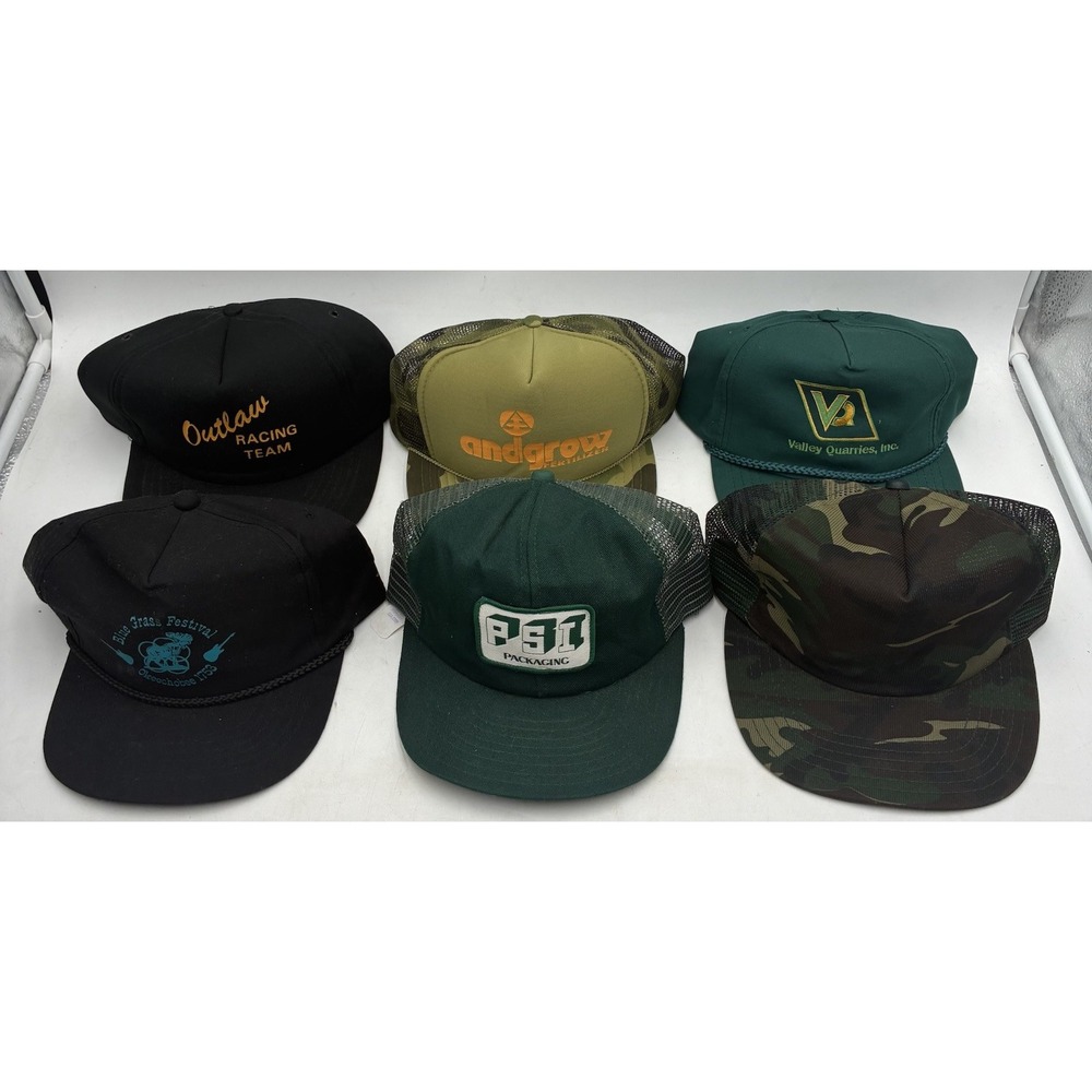 Lot Of 6 Vintage Trucker Hats Mesh Snapback Rope Caps USA Workwear Camo Racing